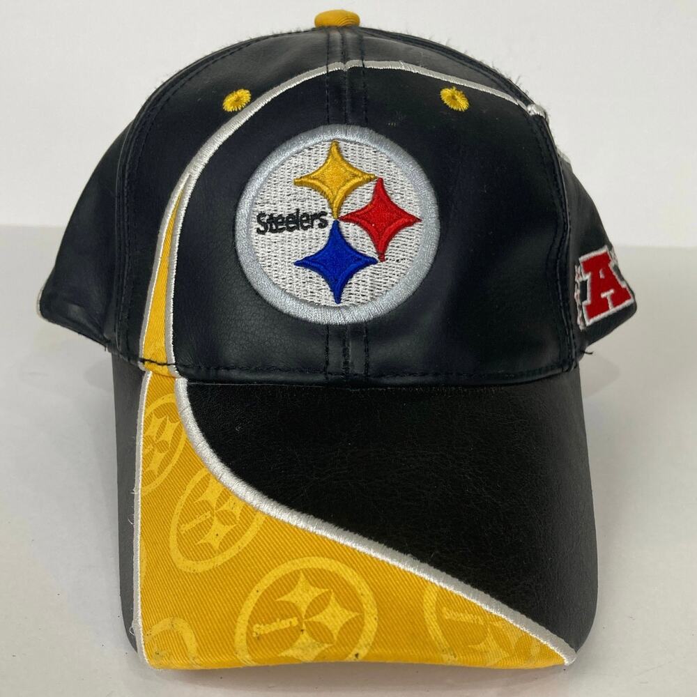 Vintage Pittsburgh Steelers Leather Hat Mens One Size Black NFL Reebok Logo